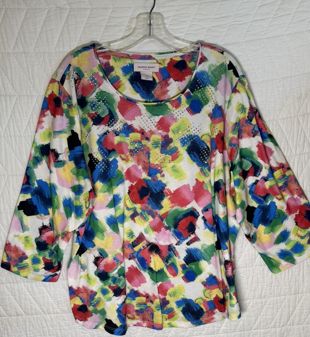 Allison Daley Top blouse jeweled multicolored floral size 2x 3/4 sleeves